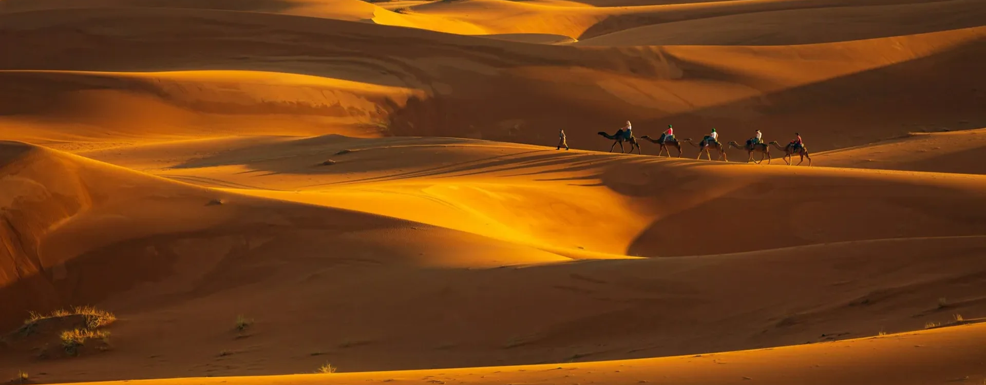 Dunas del desierto de Merzouga en Marruecos con caravana de camellos en el Sahara