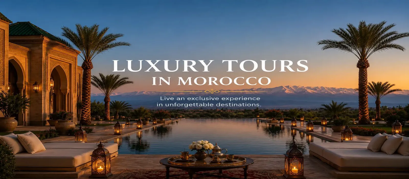 Luxury Tours In Morocco Luxury tours in Morocco with elegant resort, palm trees, swimming pool, and Atlas Mountains view