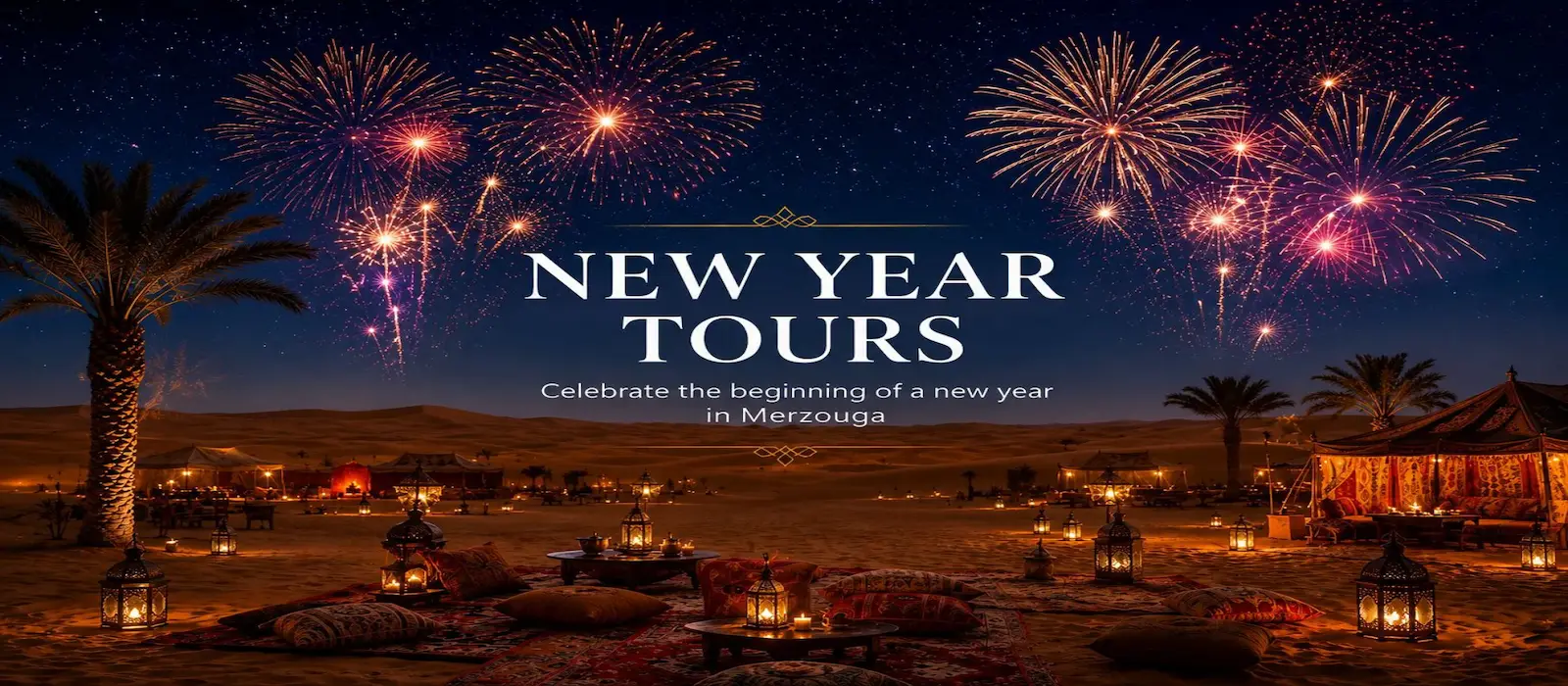 New Year Tours New Year tours in Morocco with fireworks over a luxury desert camp in Merzouga Sahara Desert