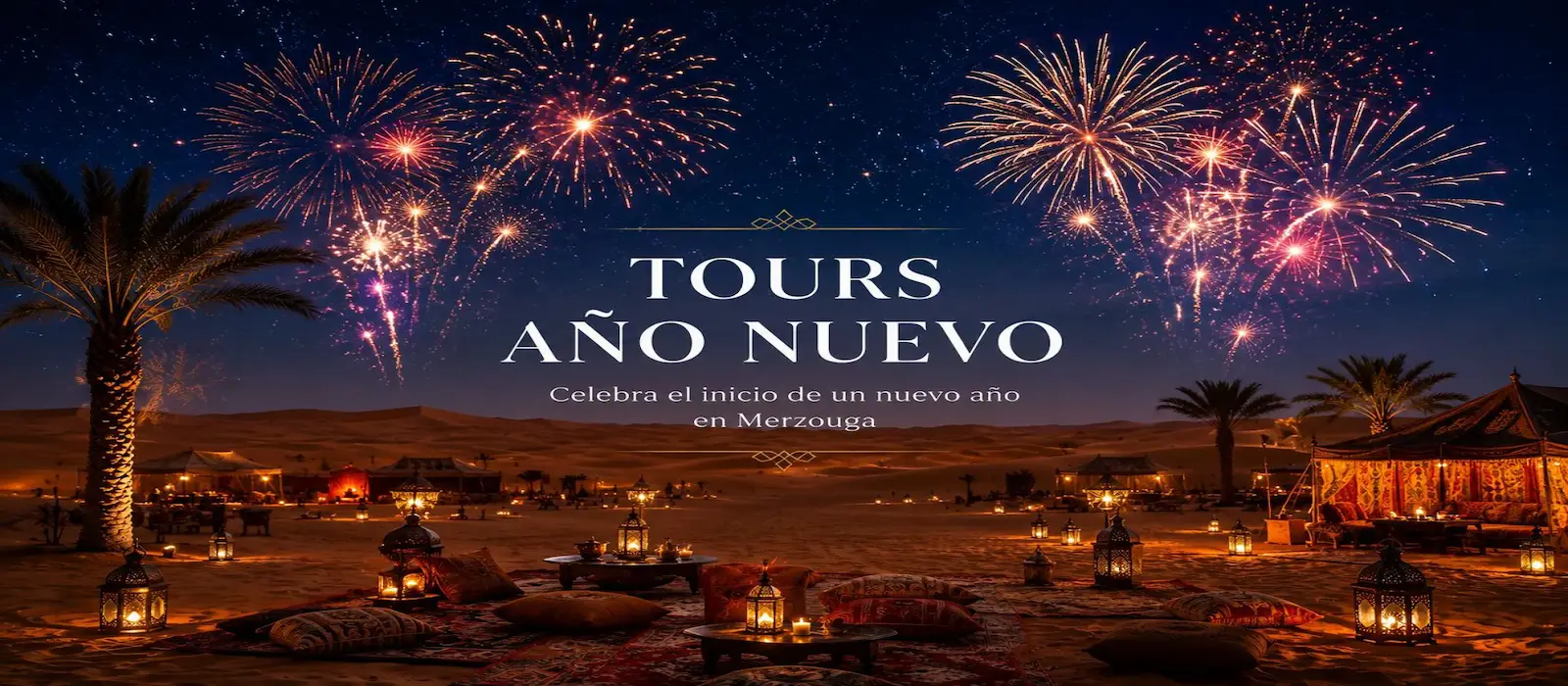 Tours Ano Nuevo en Marruecos Tours de Año Nuevo en Marruecos con fuegos artificiales sobre un campamento de lujo en el desierto de Merzouga