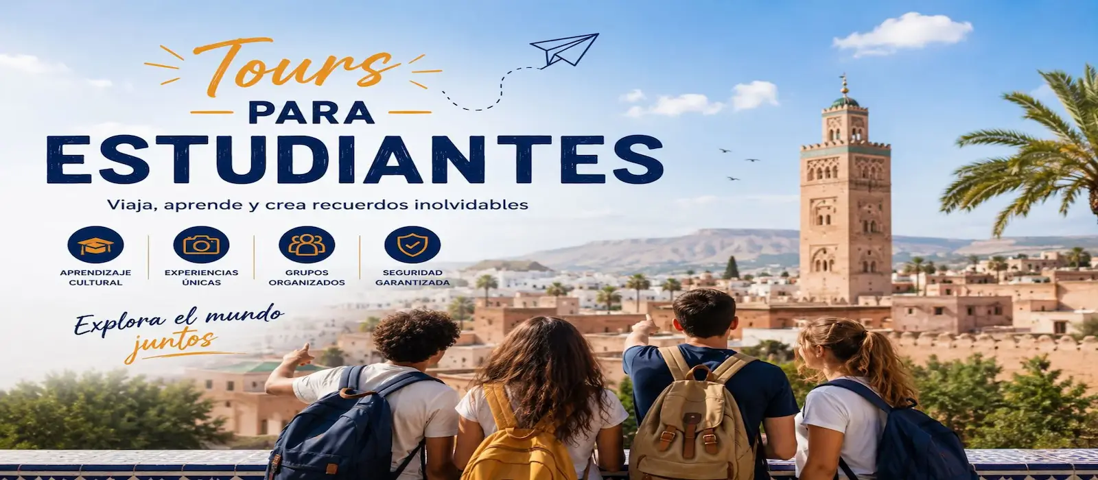 Tours Para Estudiantes en Marruecos Tours para estudiantes en Marruecos con jóvenes viajeros visitando la Koutoubia en Marrakech