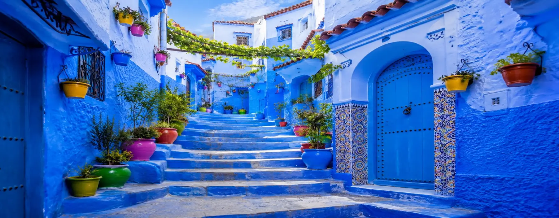 Chefchaouen blue city in Morocco with white and blue houses in the Rif Mountains